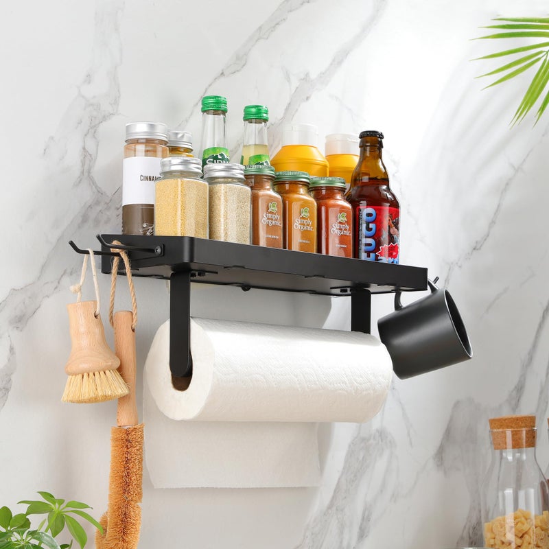 ZUNTO Garage Paper Towel Holder with Shelf  Black Stainless Steel Paper Towel Rack with Hooks  Wall Mount Paper Towel Holder for Kitchen  Garage Organization and Storage - Image 3